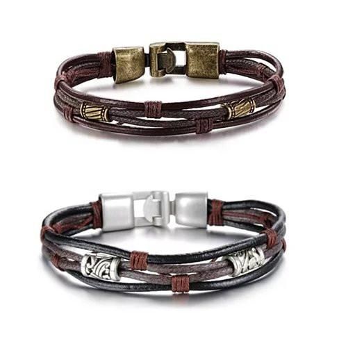 Bracelets jumeaux Gémeaux en cuir véritable et finition métal antique