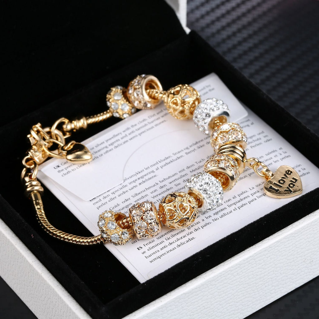 Herz-Charm-Armband mit Verlängerung, vergoldete Schlangenkette, Armbänder mit Zirkonia-Kristallperlen und Anhängern