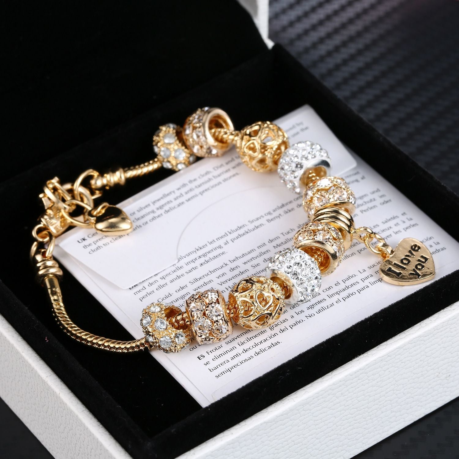 Herz-Charm-Armband mit Verlängerung, vergoldete Schlangenkette, Armbänder mit Zirkonia-Kristallperlen und Anhängern