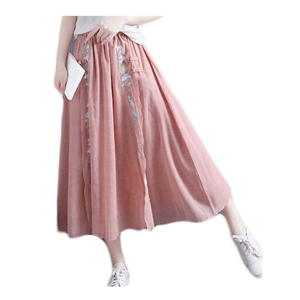 Chinesischer Stil bestickter Midirock, zweilagig, mit Schlitz, Vintage langer Rock, lässiger Baumwoll-Leinen A-Linien-Rock, Rosa