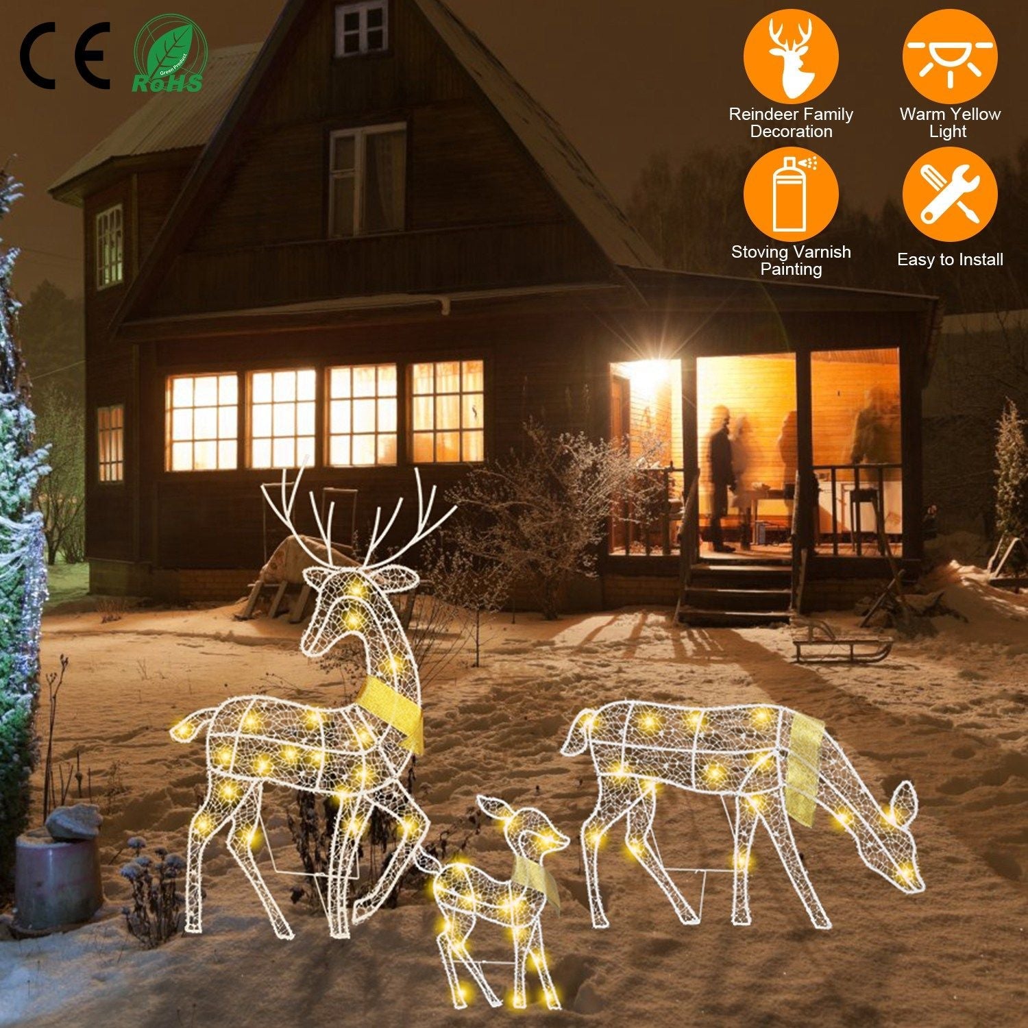 3er Set Rentierfamilie beleuchtet 2D Weihnachts-Hirsch-Dekoration warmweißes Licht 3 Beleuchtungsmodi Hirschkuh-Kitz Innen-Außen-Weihnachtsdekoration