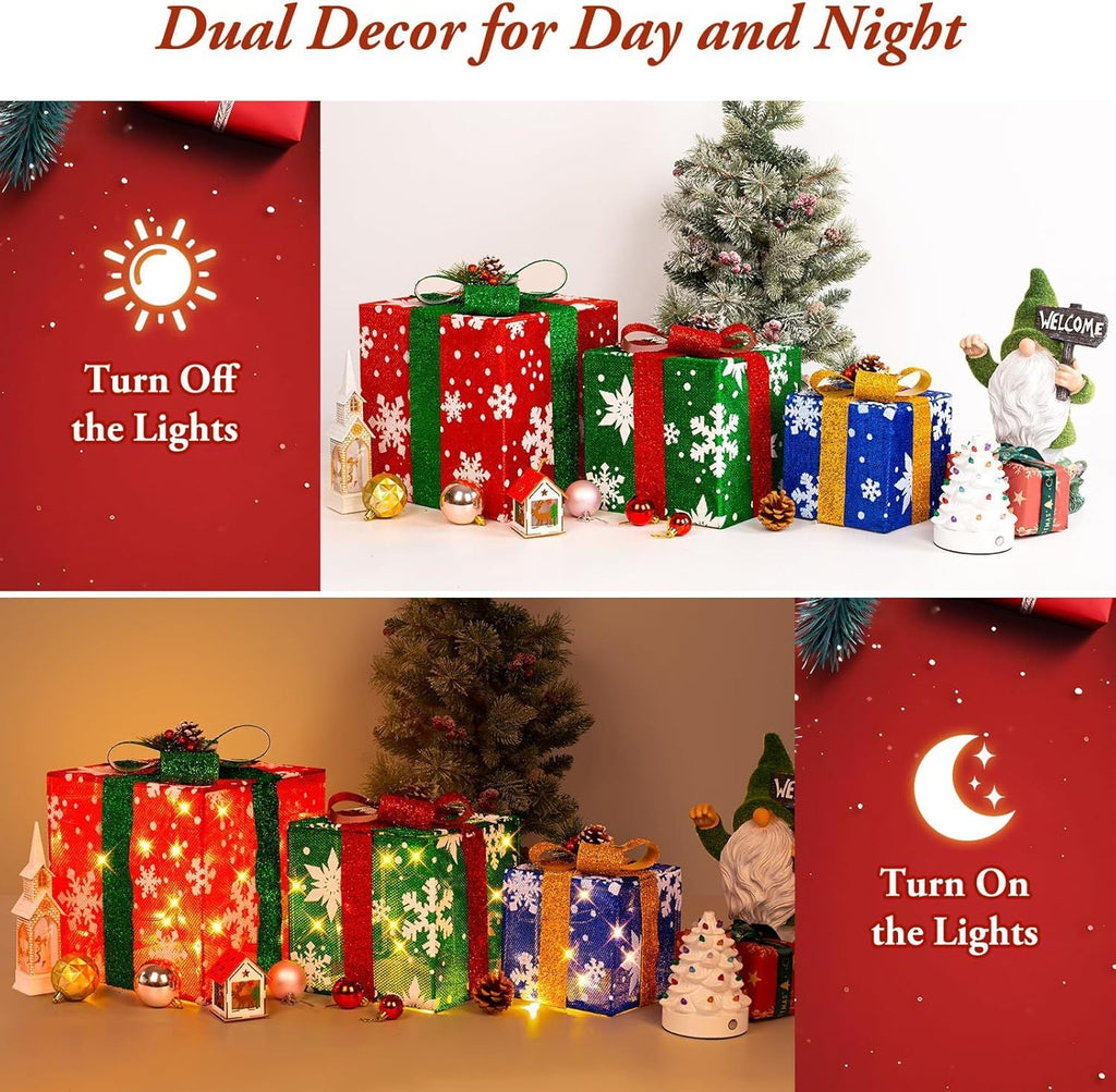 3 grandes boîtes cadeaux pour décorations de Noël extérieures, 25,4 cm, 20,3 cm, 15,2 cm avec mini guirlandes lumineuses de 70 LED pré-éclairées, boîtes cadeaux lumineuses avec paillettes pour Noël, mariage, fête