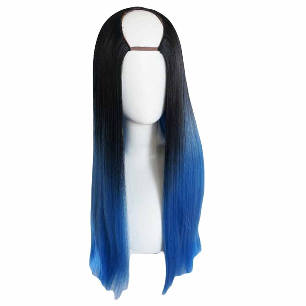 Schwarz Blau 65 cm U-förmige zweifarbige Cosplay-Vollperücke lange glatte Haarperücke Halloween-Verkleidung