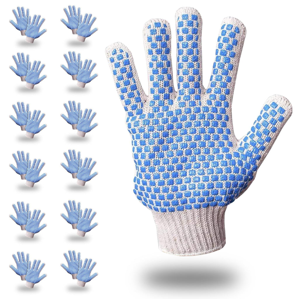 Packung mit 288 Strickhandschuhen mit blauen Noppen auf beiden Seiten, Größe L. Gestrickte Handschuhe aus Baumwolle-Polyester für allgemeine Zwecke. Schutzhandschuhe mit blauer PVC-Noppenstruktur. Mittelschwere Handschuhe.