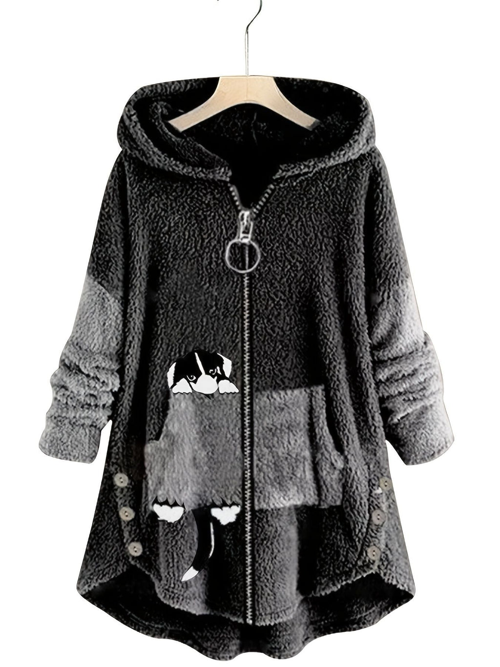Große Größen Cartoon Welpendruck Colorblock Hoodie mit Reißverschluss, flauschiger Mantel; Damen Plus Size leichter Stretch Freizeit-Mantel