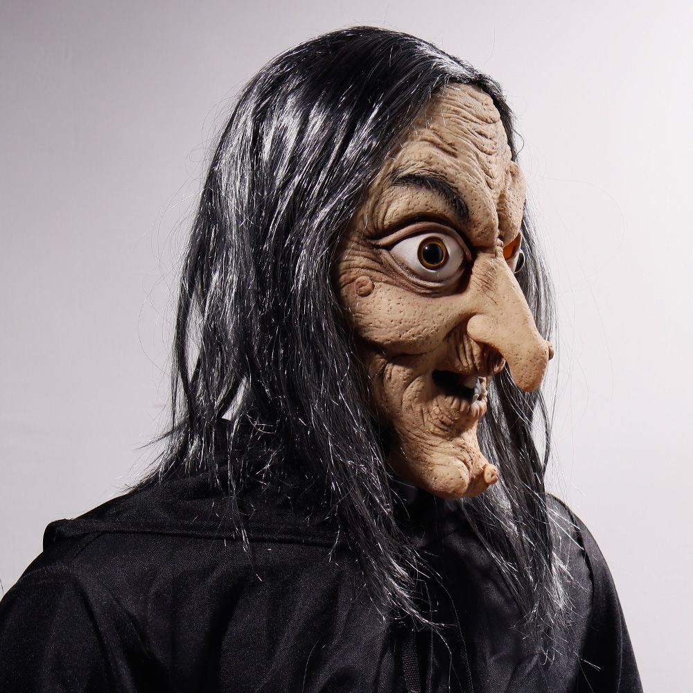 Masque d'Halloween Horreur Vieille Sorcière Cosplay Visage Fantôme Effrayant Nez Long Sorcière Casque en Latex avec Cheveux Accessoires de Fête Maison Hantée