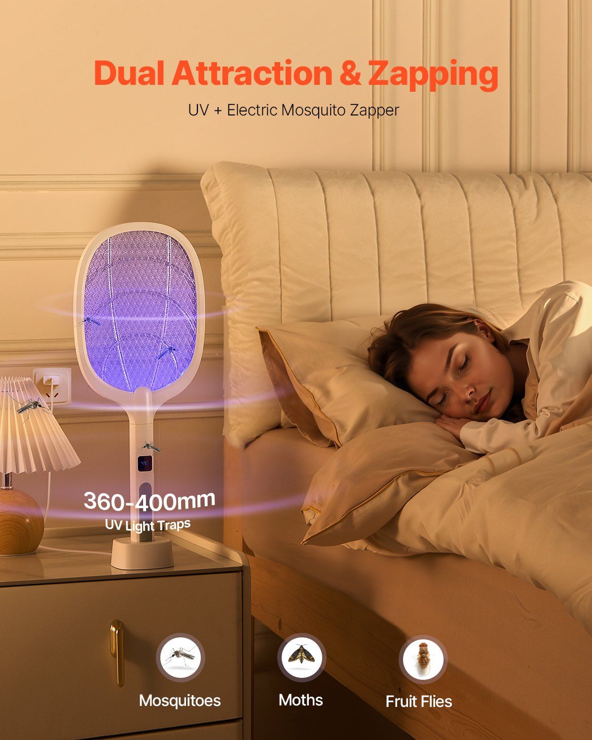 Raquette tapette à mouches électrique VEVOR, avec maillage 3 couches et écran numérique, double mode, batterie rechargeable 1500 mAh, pour la maison, la chambre, la cuisine et le patio, blanc