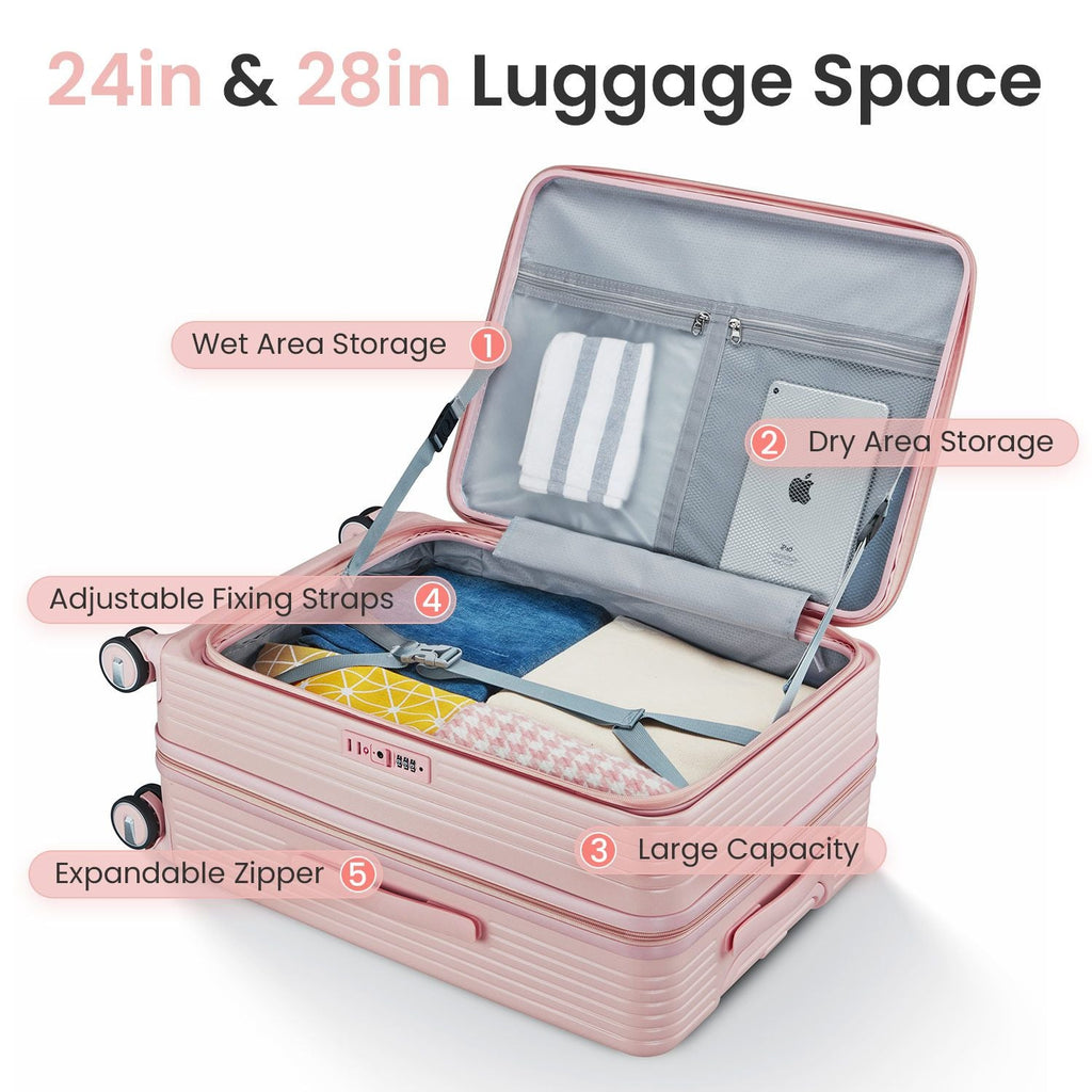 Ensemble de 3 valises (20/24/28), bagage cabine extensible avec serrure TSA approuvée par les compagnies aériennes, coque rigide 100 % PC, valise légère avec poche avant et roues pivotantes