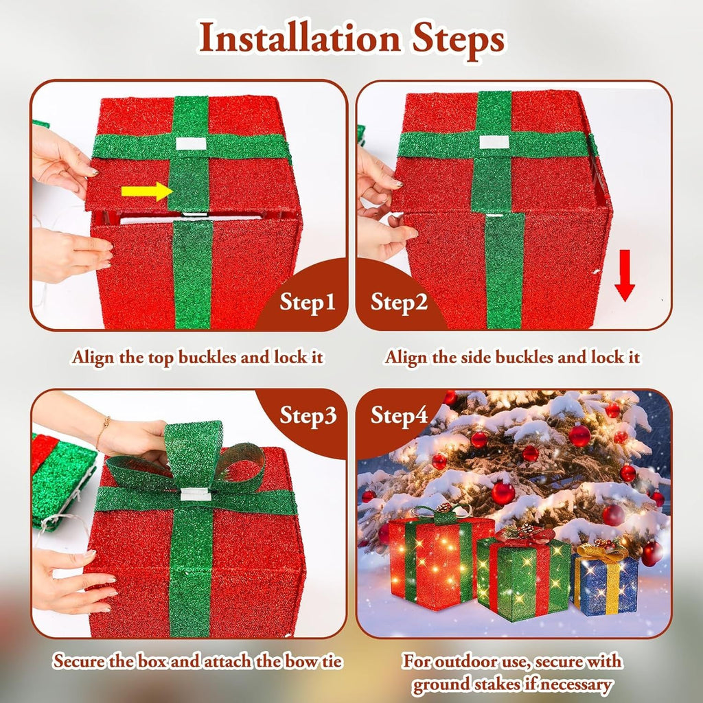 3 grandes boîtes cadeaux pour décorations de Noël extérieures, 25,4 cm, 20,3 cm, 15,2 cm avec mini guirlandes lumineuses de 70 LED pré-éclairées, boîtes cadeaux lumineuses avec paillettes pour Noël, mariage, fête