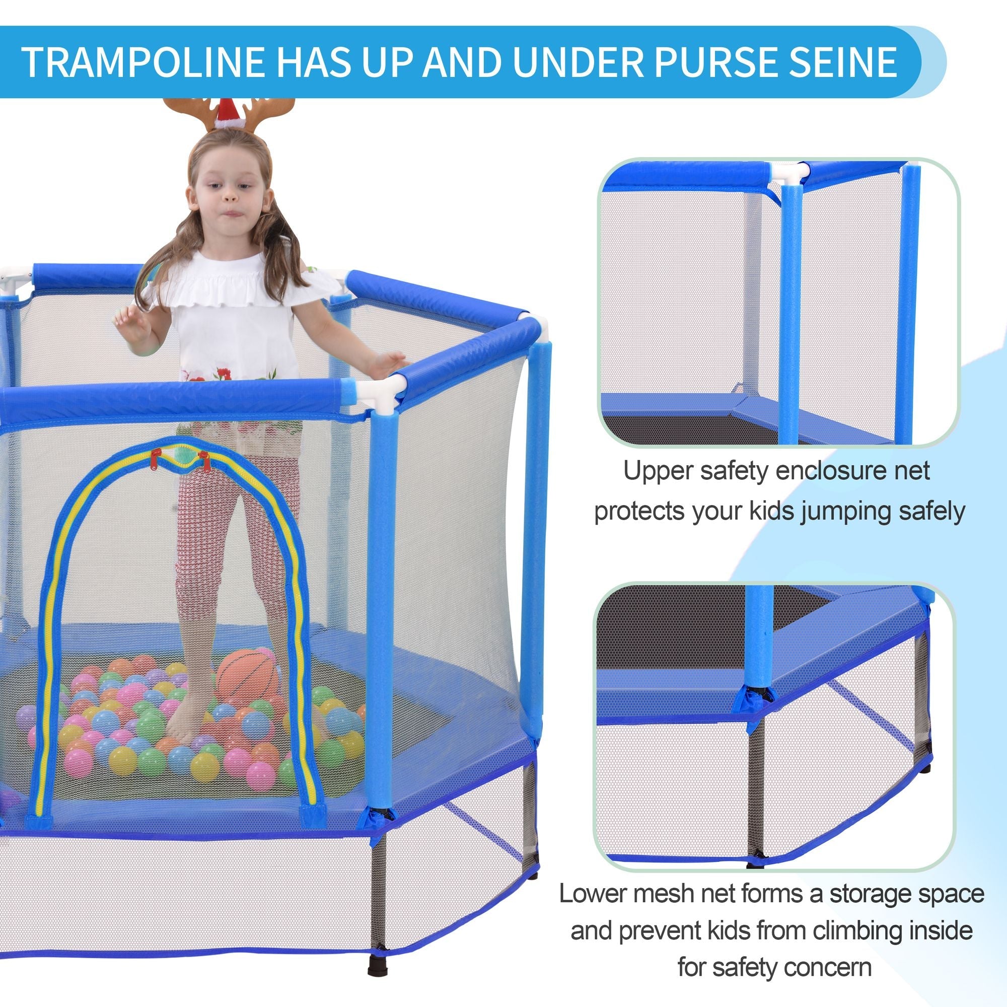 55'' Kleinkinder Trampolin mit Sicherheitsnetz und Bällen, Indoor Outdoor Mini Trampolin für Kinder