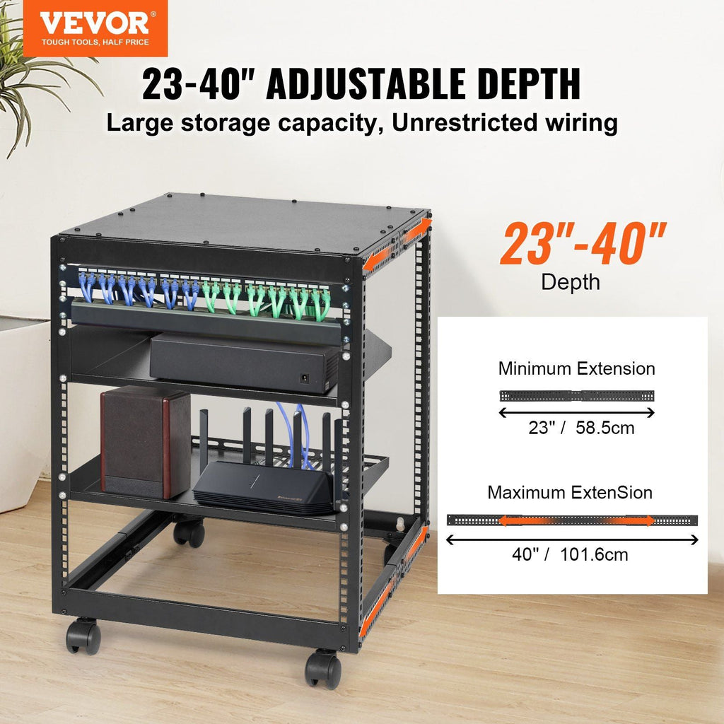 12HE Open Frame Serverschrank, 23-40 Zoll verstellbare Tiefe, freistehender oder wandmontierter Netzwerk-Serverschrank, 4-Pfosten AV Rack mit Rollen, hält alle Ihre Netzwerk-IT-Geräte AV-Ausrüstung Router Modem