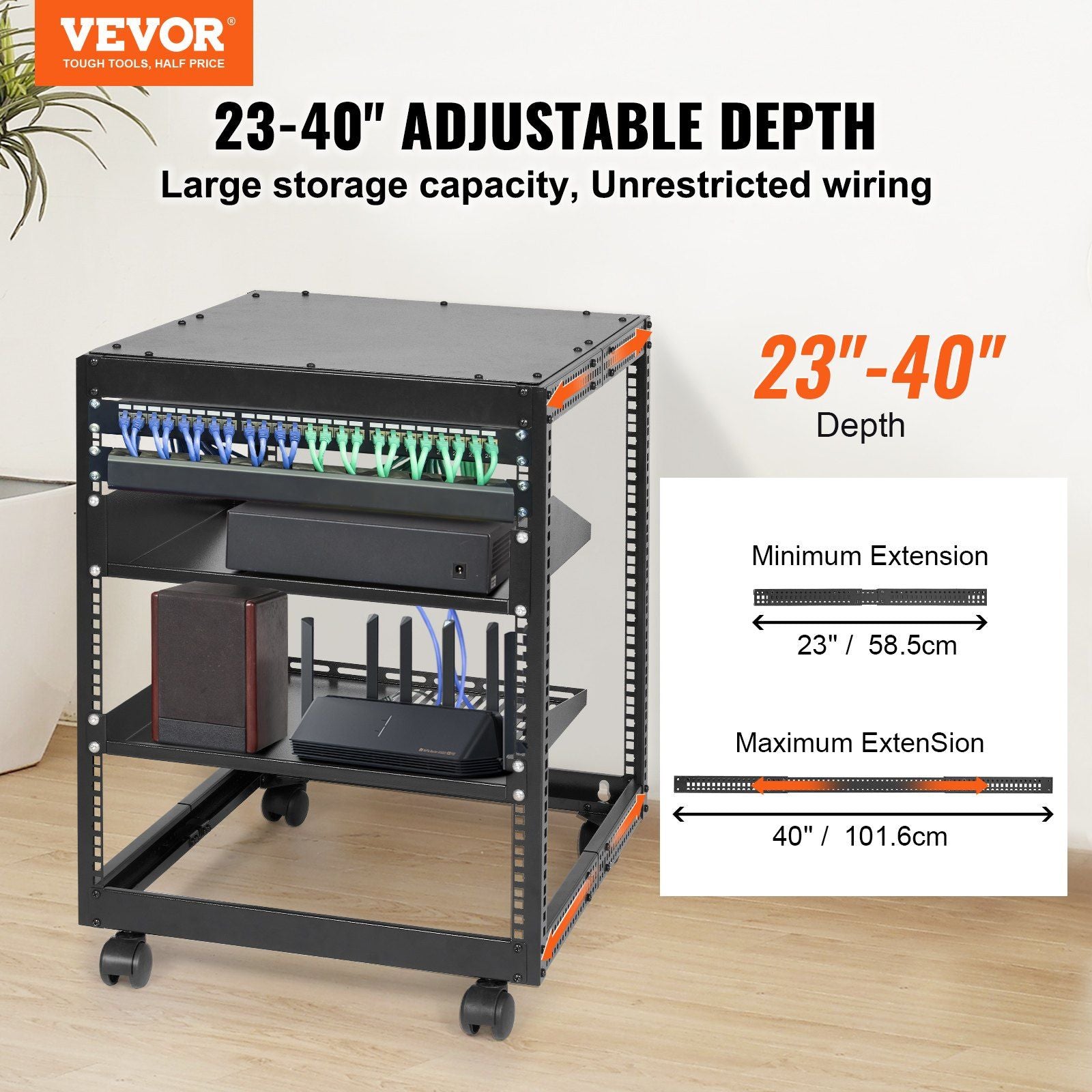 12HE Open Frame Serverschrank, 23-40 Zoll verstellbare Tiefe, freistehender oder wandmontierter Netzwerk-Serverschrank, 4-Pfosten AV Rack mit Rollen, hält alle Ihre Netzwerk-IT-Geräte AV-Ausrüstung Router Modem