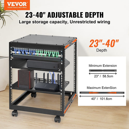12HE Open Frame Serverschrank, 23-40 Zoll verstellbare Tiefe, freistehender oder wandmontierter Netzwerk-Serverschrank, 4-Pfosten AV Rack mit Rollen, hält alle Ihre Netzwerk-IT-Geräte AV-Ausrüstung Router Modem