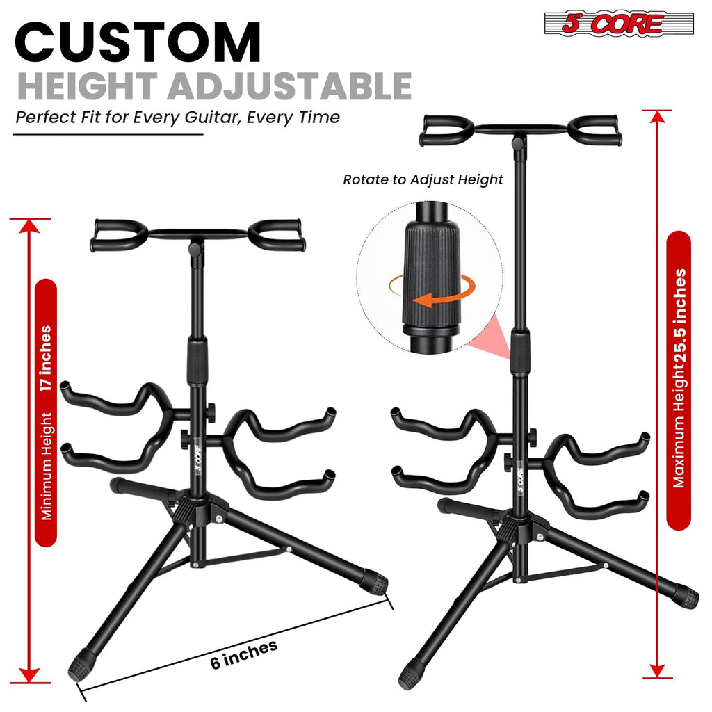 Support de guitare réglable double supports de guitare au sol avec support de manche universel pour instruments acoustiques électriques classiques basse pliable portable noir - GSH 2N1
