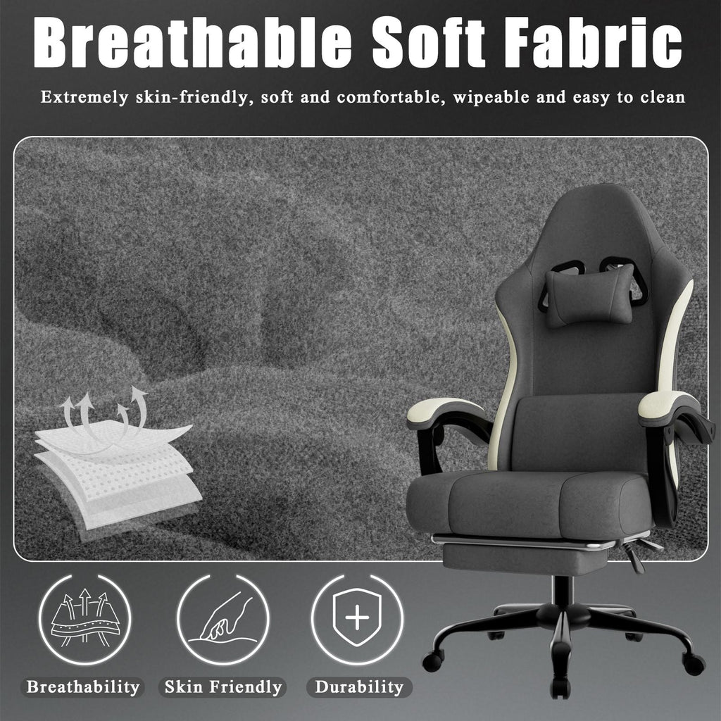 Chaise de jeu ergonomique avec coussin à ressorts ensachés, chaise d'ordinateur en tissu respirant avec repose-pieds, chaise de jeu vidéo avec soutien lombaire réglable pour adultes (Tissu)