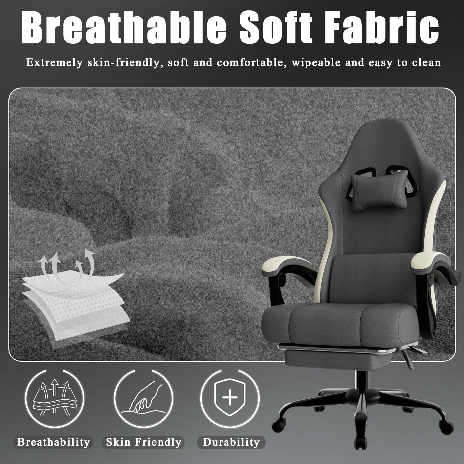 Chaise de jeu ergonomique avec coussin à ressorts ensachés, chaise d'ordinateur en tissu respirant avec repose-pieds, chaise de jeu vidéo avec soutien lombaire réglable pour adultes (Tissu)