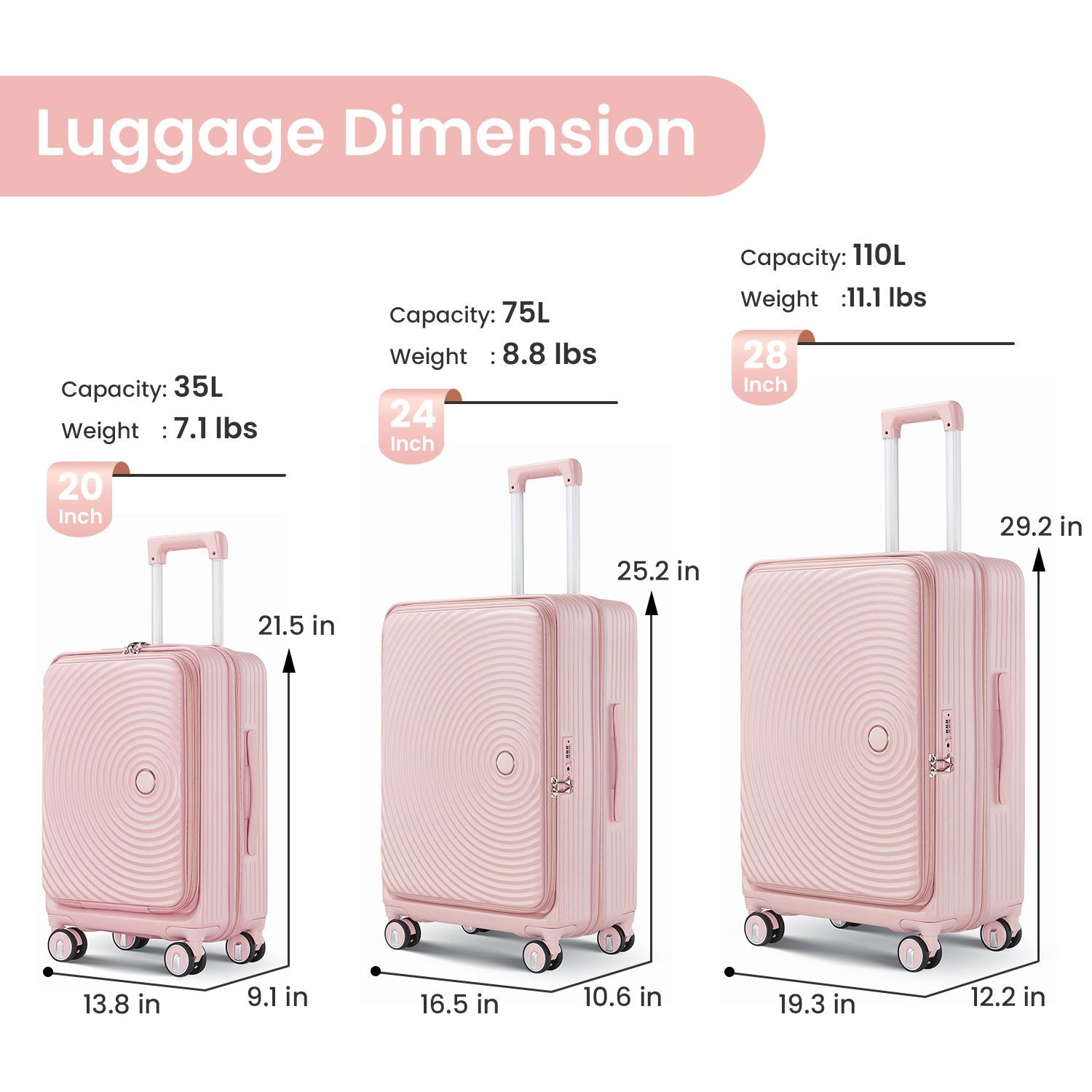 Ensemble de 3 valises (20/24/28), bagage cabine extensible avec serrure TSA approuvée par les compagnies aériennes, coque rigide 100 % PC, valise légère avec poche avant et roues pivotantes