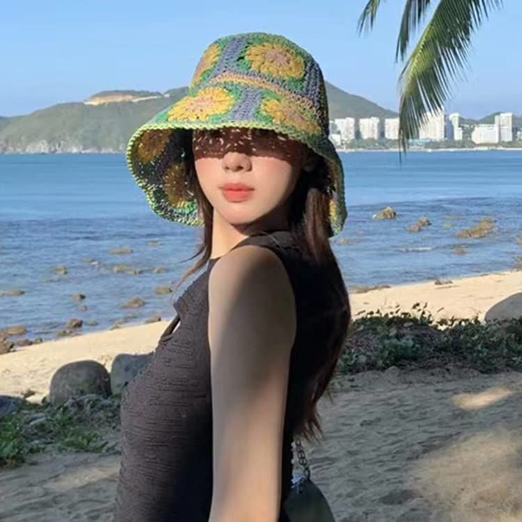 Damen Stroh Sonnenhut Blumen Gewebter Fischerhut Strandhut Handgewebter Faltbarer Hut