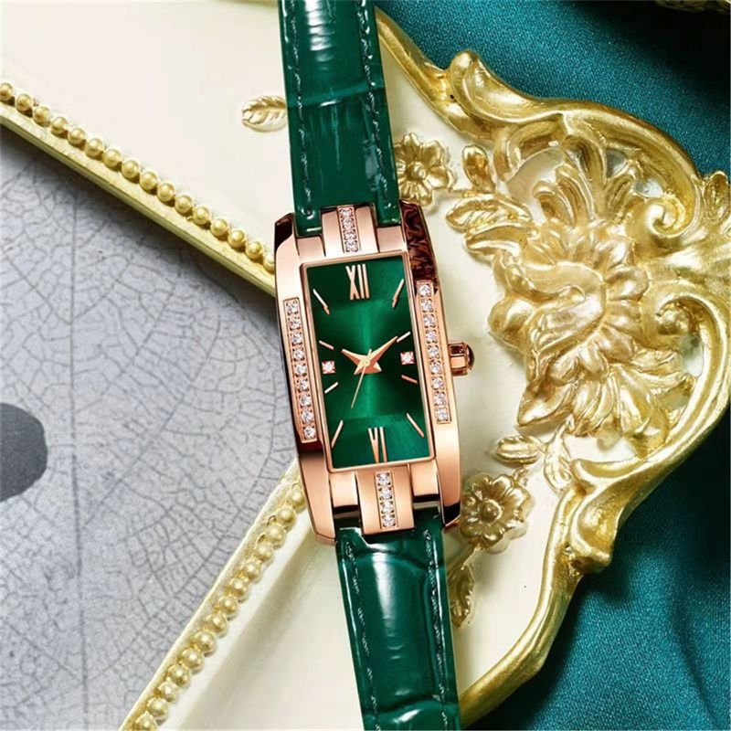 Damenuhren Mode Quadratische Damen Quarzuhr Armband Set Grünes Zifferblatt Einfache Leder Luxus Damenuhren