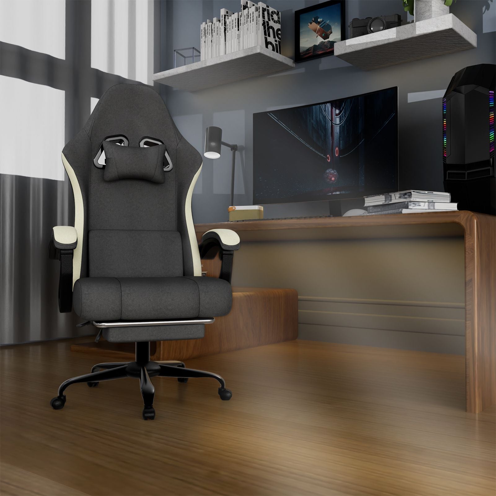 Chaise de jeu ergonomique avec coussin à ressorts ensachés, chaise d'ordinateur en tissu respirant avec repose-pieds, chaise de jeu vidéo avec soutien lombaire réglable pour adultes (Tissu)