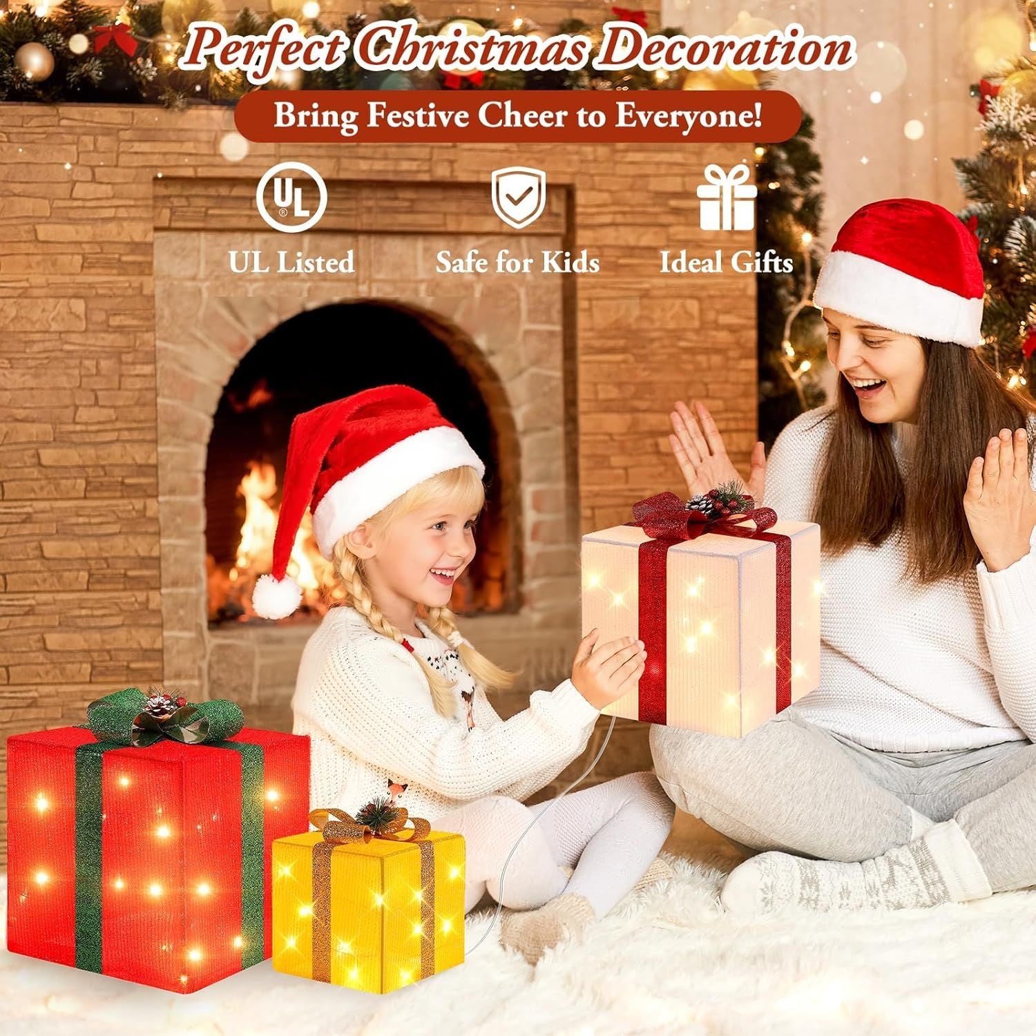 3 grandes boîtes cadeaux pour décorations de Noël extérieures, 25,4 cm, 20,3 cm, 15,2 cm avec mini guirlandes lumineuses de 70 LED pré-éclairées, boîtes cadeaux lumineuses avec paillettes pour Noël, mariage, fête