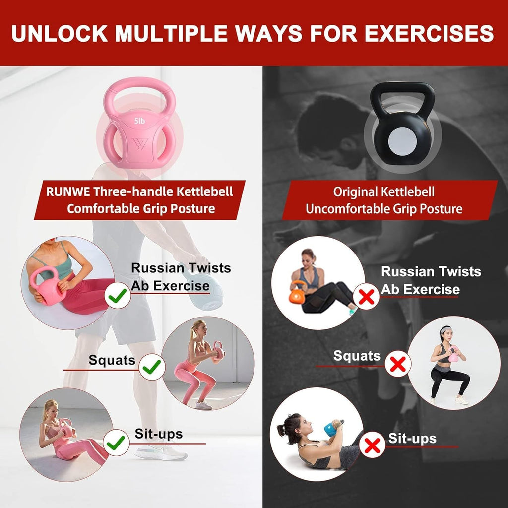 Kettlebells mit 3 Griffen – Gewichte für Frauen, Optionen 5, 10, 15 und 20 LB für Russian Twists, AB-Übungen, Gewichtheben und Core-Fitnessübungen für das Home Gym [einzeln verkauft]