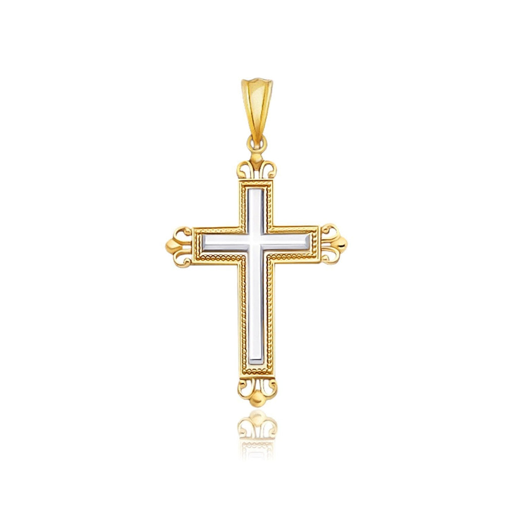 Pendentif croix en or bicolore 14 carats avec un style fleuri orné