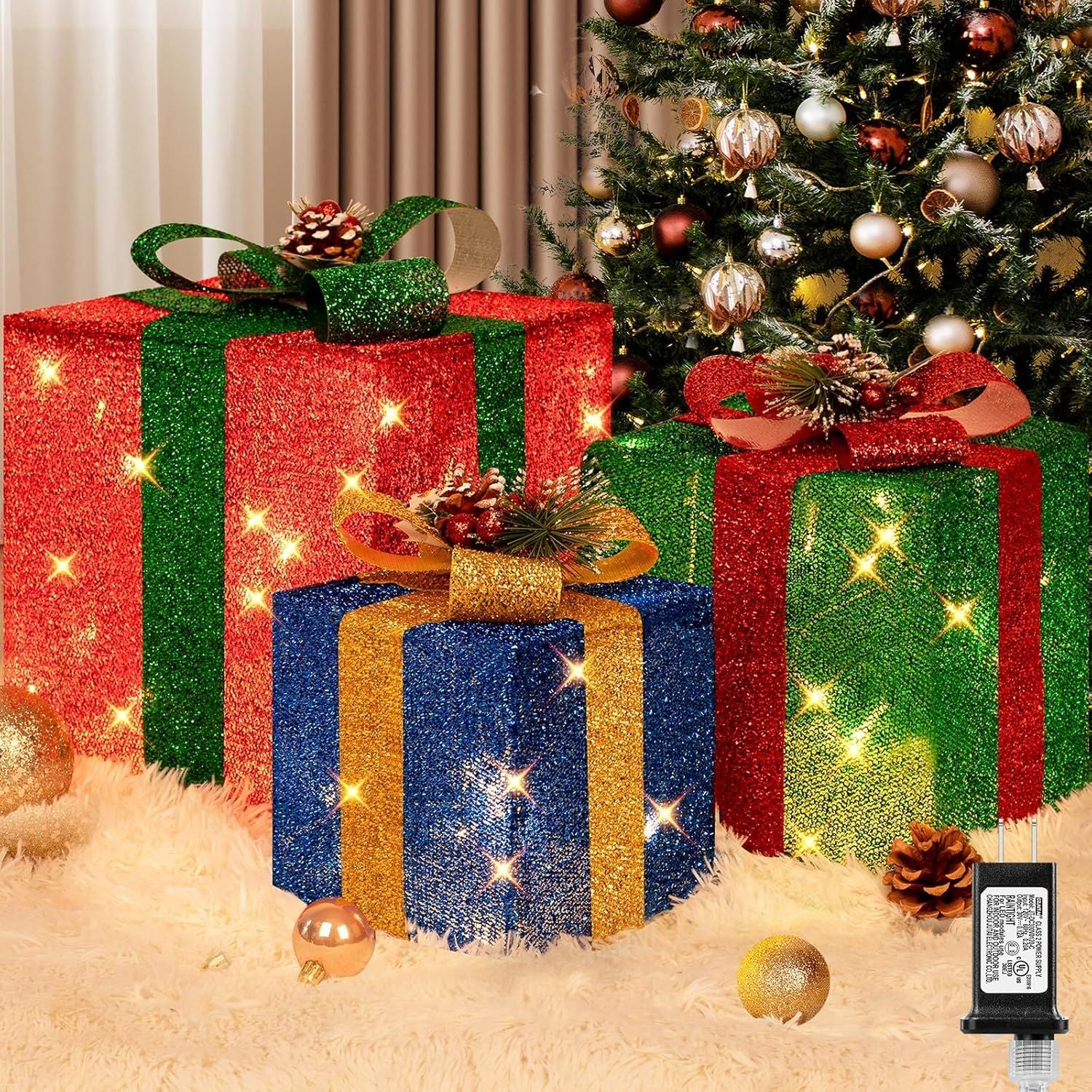 3 Stück große Geschenkboxen für Weihnachtsdekorationen im Freien, 25 cm, 20 cm, 15 cm mit vorbeleuchteten 70 LED Mini-Lichterketten, Steckdosenbetriebene warmweiße Geschenkboxen mit Glitzer für Weihnachts-Hochzeitsfeier