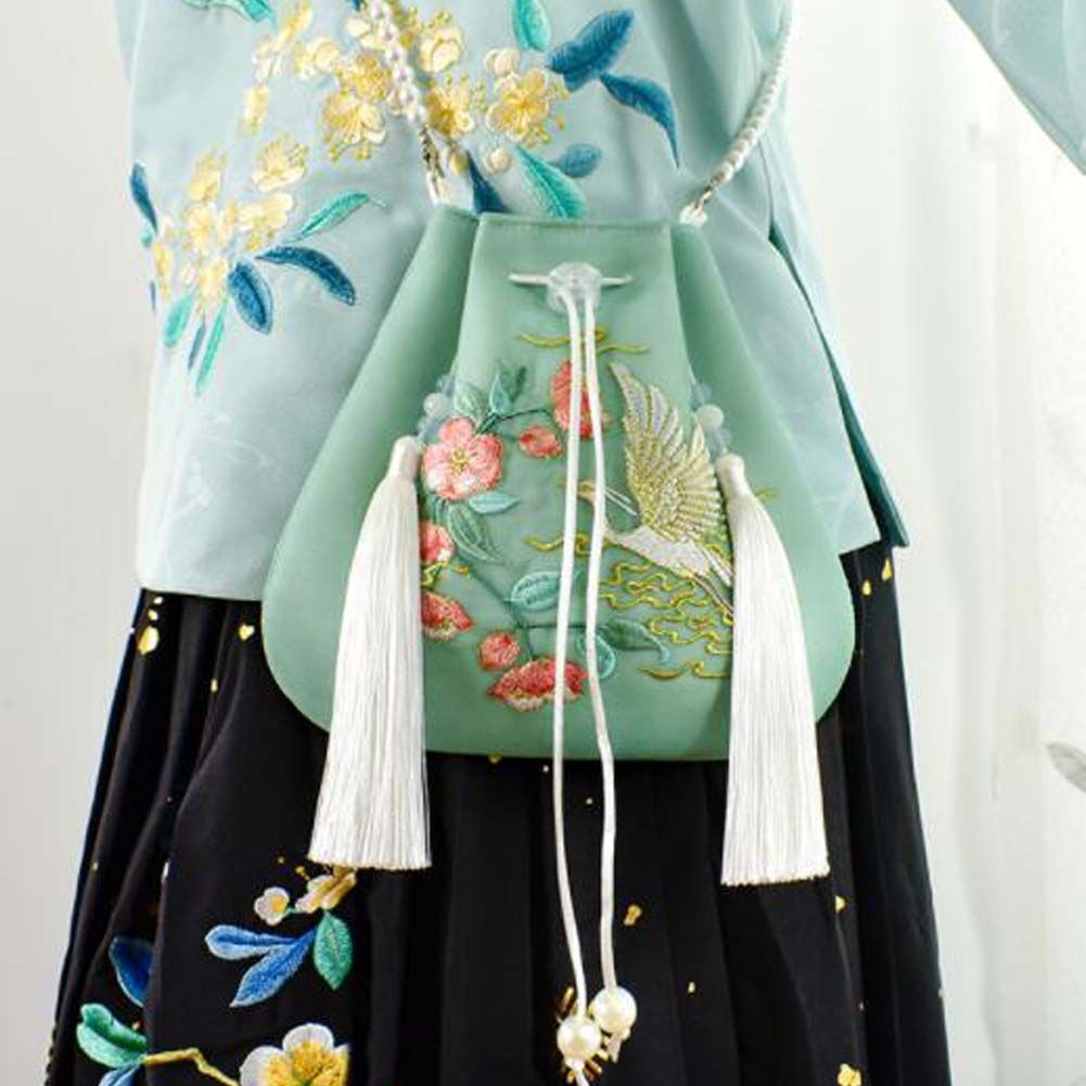 Grüne Hanfu Umhängetasche Reiher Stickerei Handtasche Chinesischer Stil Mini Handy Segeltuch Geldbörse
