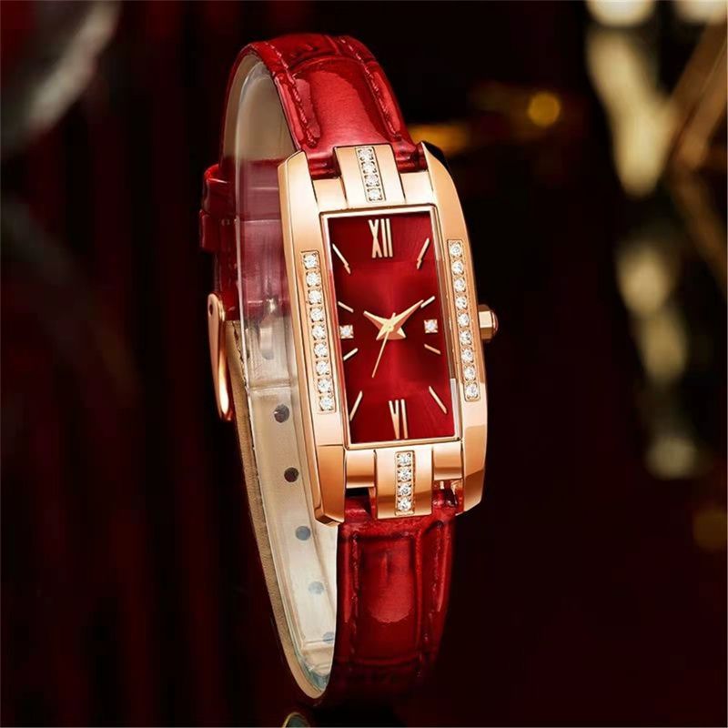 Damenuhren Mode Quadratische Damen Quarzuhr Armband Set Grünes Zifferblatt Einfache Leder Luxus Damenuhren
