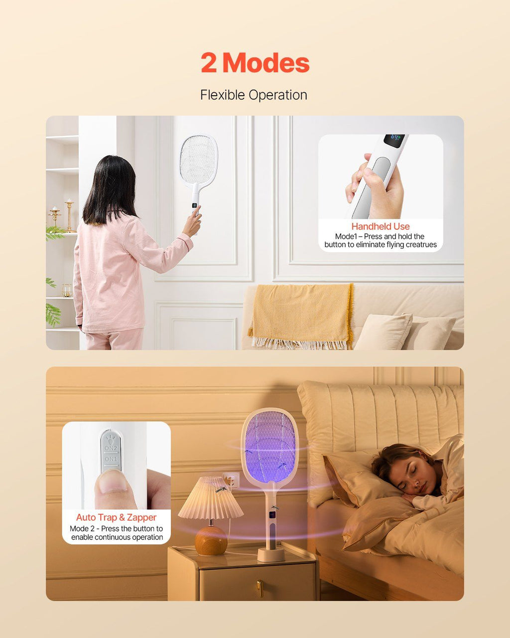 Raquette tapette à mouches électrique VEVOR, avec maillage 3 couches et écran numérique, double mode, batterie rechargeable 1500 mAh, pour la maison, la chambre, la cuisine et le patio, blanc