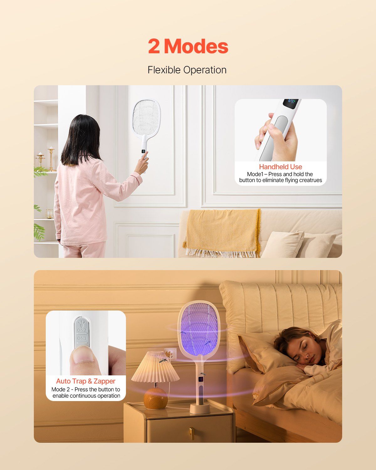 Raquette tapette à mouches électrique VEVOR, avec maillage 3 couches et écran numérique, double mode, batterie rechargeable 1500 mAh, pour la maison, la chambre, la cuisine et le patio, blanc
