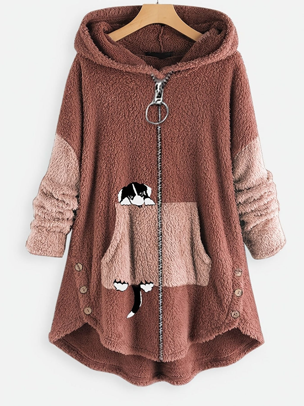 Große Größen Cartoon Welpendruck Colorblock Hoodie mit Reißverschluss, flauschiger Mantel; Damen Plus Size leichter Stretch Freizeit-Mantel