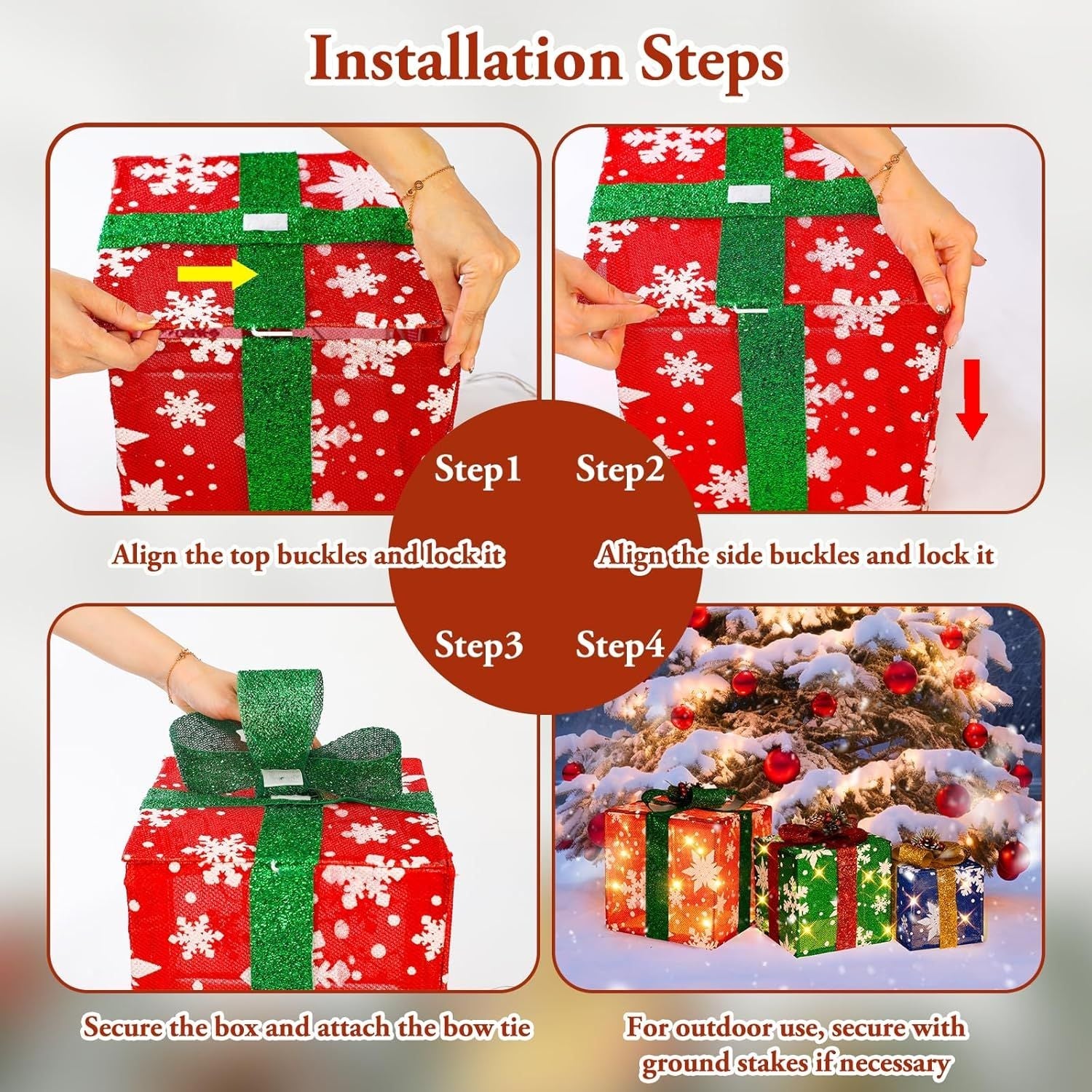 3 grandes boîtes cadeaux pour décorations de Noël extérieures, 25,4 cm, 20,3 cm, 15,2 cm avec mini guirlandes lumineuses de 70 LED pré-éclairées, boîtes cadeaux lumineuses avec paillettes pour Noël, mariage, fête