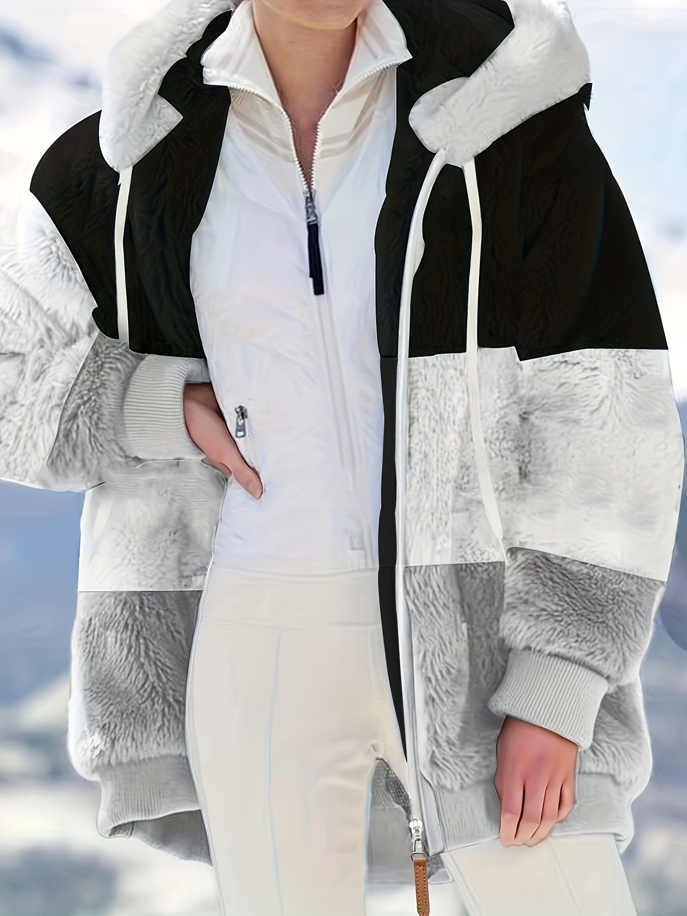 Farbblock Teddy-Fleece-Mantel mit Kapuze, lässige Winterjacke mit Reißverschluss und langen Ärmeln, Damenbekleidung