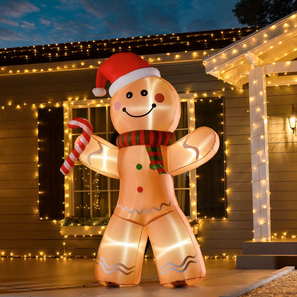 HOMCOM 2,4 m aufblasbarer Lebkuchenmann mit Zuckerstange, aufblasbare Weihnachtsdekoration für den Außenbereich mit LED-Beleuchtung
