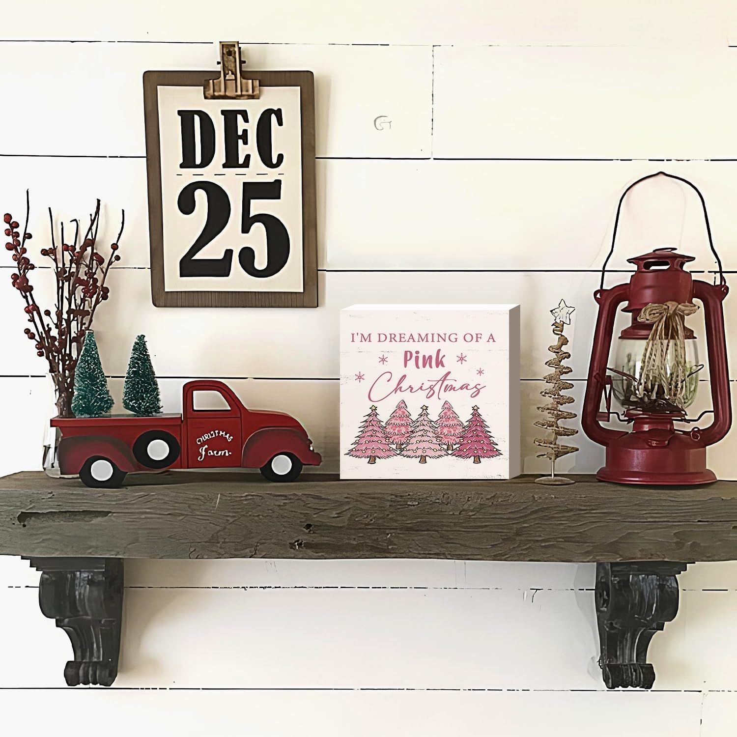 Weihnachtsdekoration Roter LKW Weihnachten Holzschilder Büffel Plaid Weihnachtsdekoration Weihnachtsdekoration für Zuhause Büro Schlafzimmer Kamin Auto Etagenablage Dekoration Weihnachtsgeschenke für Frauen 5x5