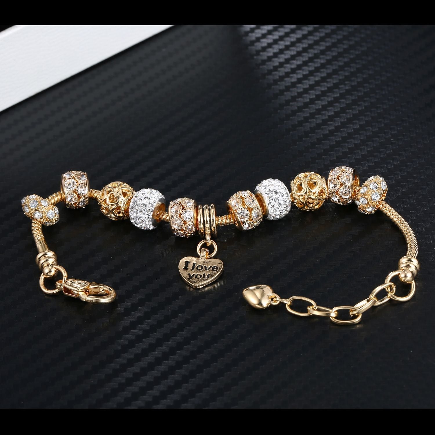 Herz-Charm-Armband mit Verlängerung, vergoldete Schlangenkette, Armbänder mit Zirkonia-Kristallperlen und Anhängern