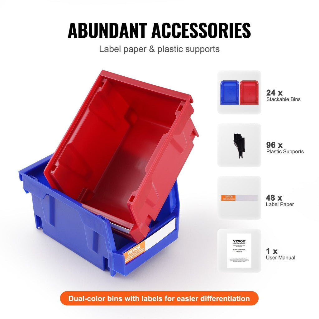 Kunststoff-Aufbewahrungsbehälter, (12,7 x 10,16 x 7,62 cm), stapelbare Hänge-Aufbewahrungsbox, Blau/Rot, 24er-Pack, Hochleistungs-Stapelbehälter für Kleiderschrank, Küche, Büro oder Speisekammer