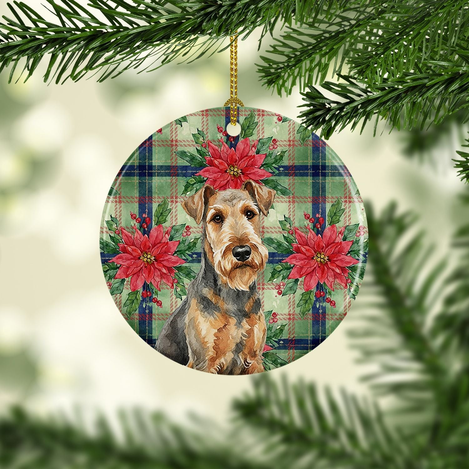 Grizzle Airedale Terrier Christmas PoinsettIas Ceramic Ornament Christmas Tree Hanging Decorations for Home Christmas Holiday, Party, Gift, 3 in, Multicolor
