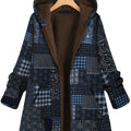 Große Größen Patchwork Print Hoodie mit Fleece-Futter Thermomantel; Damen Plus Langarm Freizeitjacke