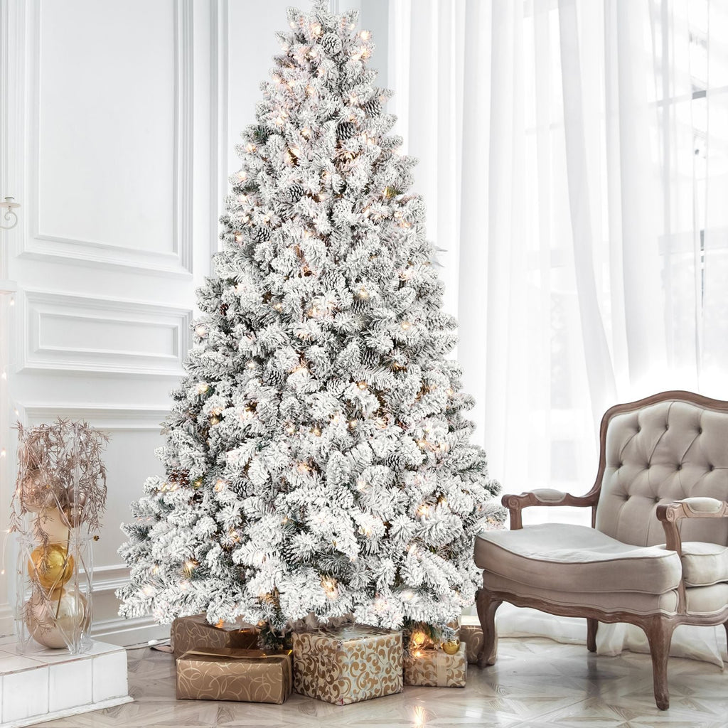 Sapin de Noël artificiel floqué de 2,4 m avec 700 lumières UL, 54 pommes de pin et 1754 branches, effet neige