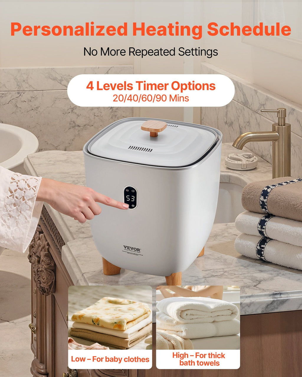 VEVOR Handtuchwärmer-Eimer, 25L beheizter Handtuchwärmer mit LED-Anzeige, Große Deckenwärmer für Badezimmer, 20/40/60/90 Min. Timer und Temperatureinstellung, für SPA, Zuhause, Arbeitsplatte, Boden, Grau