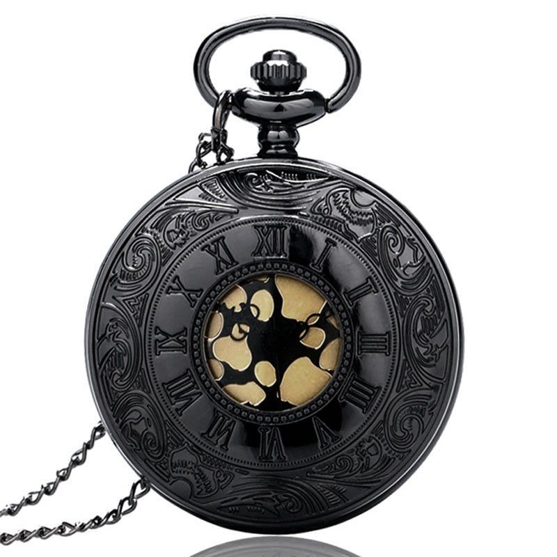 Montre de Poche Steampunk Vintage Unisexe Noire à Chiffres Romains, Pendentif Collier pour Homme et Femme avec Chaîne, Cadeau P427