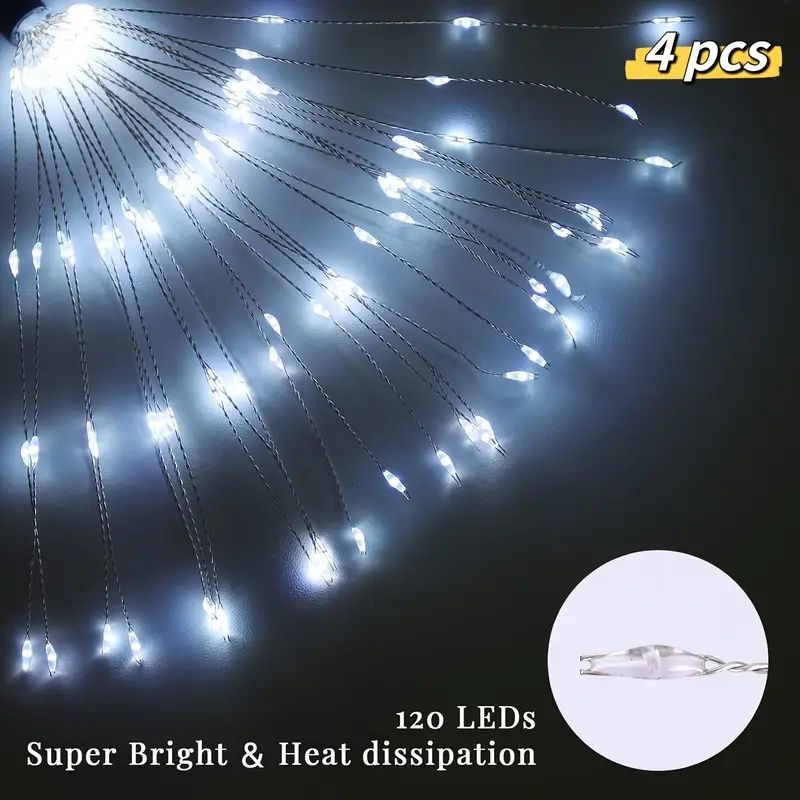 120 LED Solar-Feuerwerkslichter, Starburst Lichterkette mit 8 Leuchtmodi, IP4X, Solarbetriebene Wegeleuchten für Terrasse, Garten, Weihnachtsdekoration, Material: Kunststoff & Kupfer, Keine Federn,