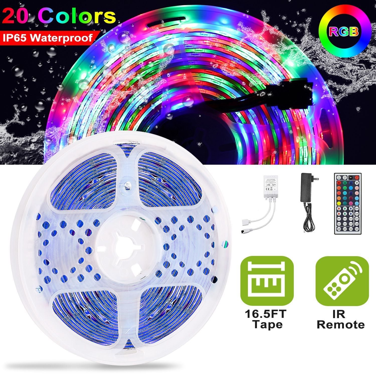 300 LEDs Streifenlichter 5M/16,5ft 20 Farben RGB LED Streifen IP65 Wasserdicht m/ Fernbedienung