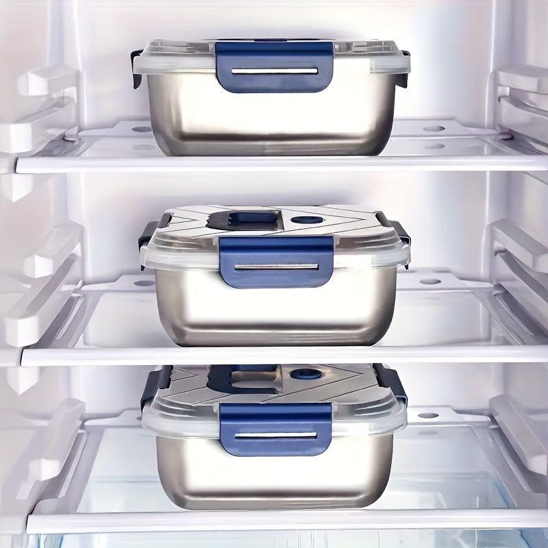 Yakimoto 2/4/6/8/10 Stück extragroße Lebensmittelbehälter aus Edelstahl mit blauen Deckeln – tiefes Design, luftdichter Verschluss, perfekt für die Kühlschrankorganisation, Essenszubereitung, Lunchboxen & Küchenspeisekammer