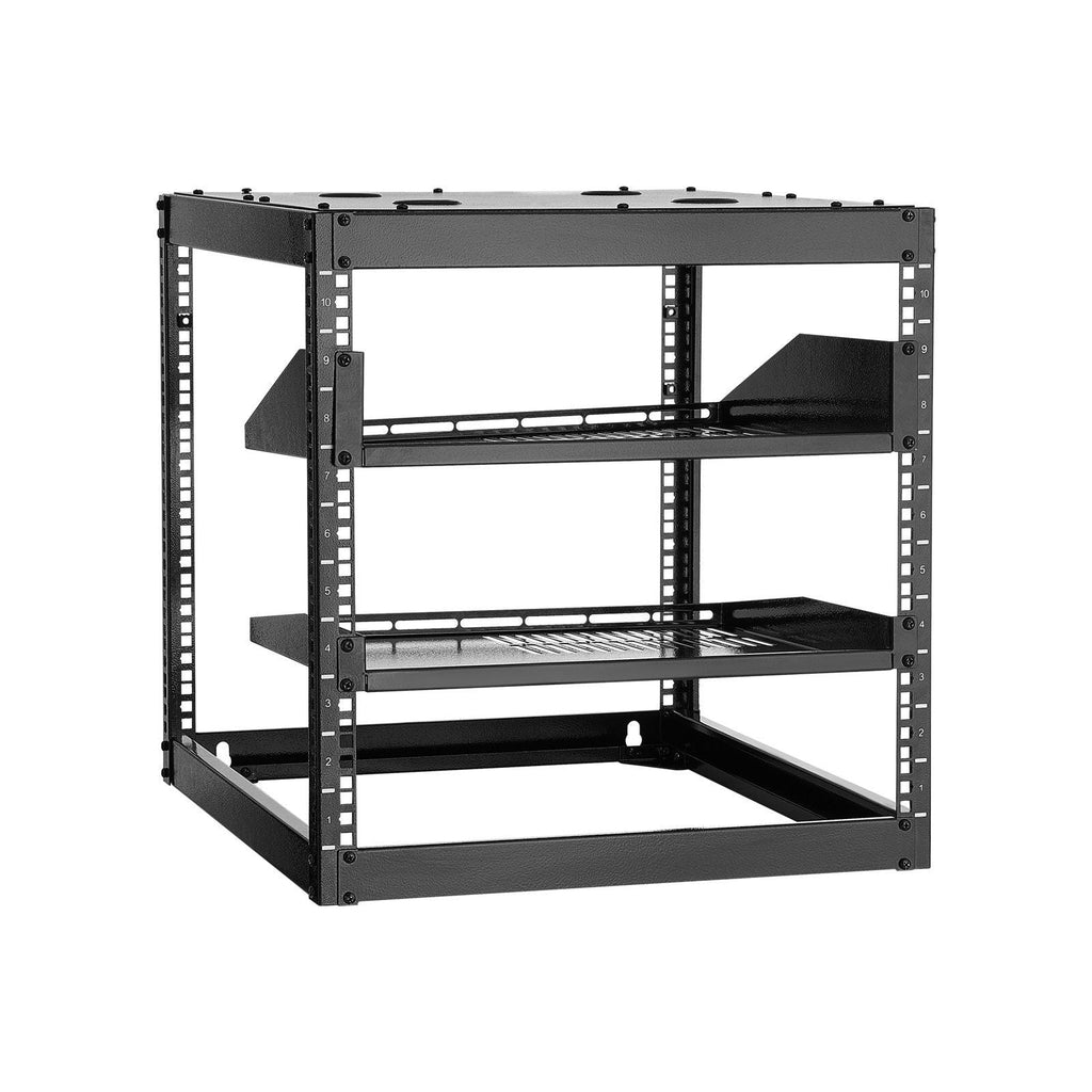 10HE Open-Frame-Netzwerkschrank, 23 Zoll tief, Wandmontage oder Standfuß, Schwerlast-4-Pfosten-Serverschrank, mit belüfteten Einlegeböden und Montagematerial, hält all Ihre Netzwerk-IT-Geräte und AV-Ausrüstung