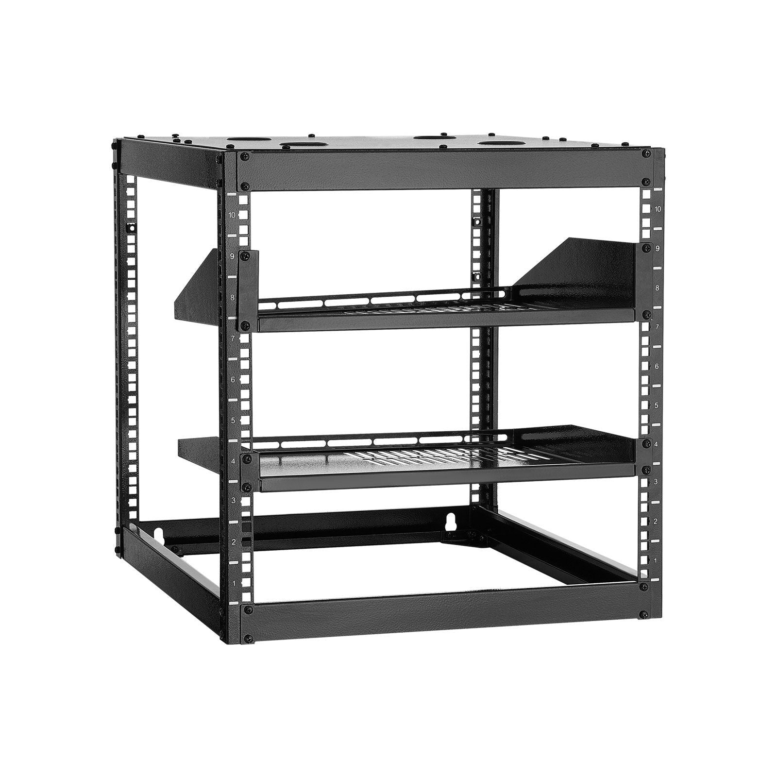 10HE Open-Frame-Netzwerkschrank, 23 Zoll tief, Wandmontage oder Standfuß, Schwerlast-4-Pfosten-Serverschrank, mit belüfteten Einlegeböden und Montagematerial, hält all Ihre Netzwerk-IT-Geräte und AV-Ausrüstung