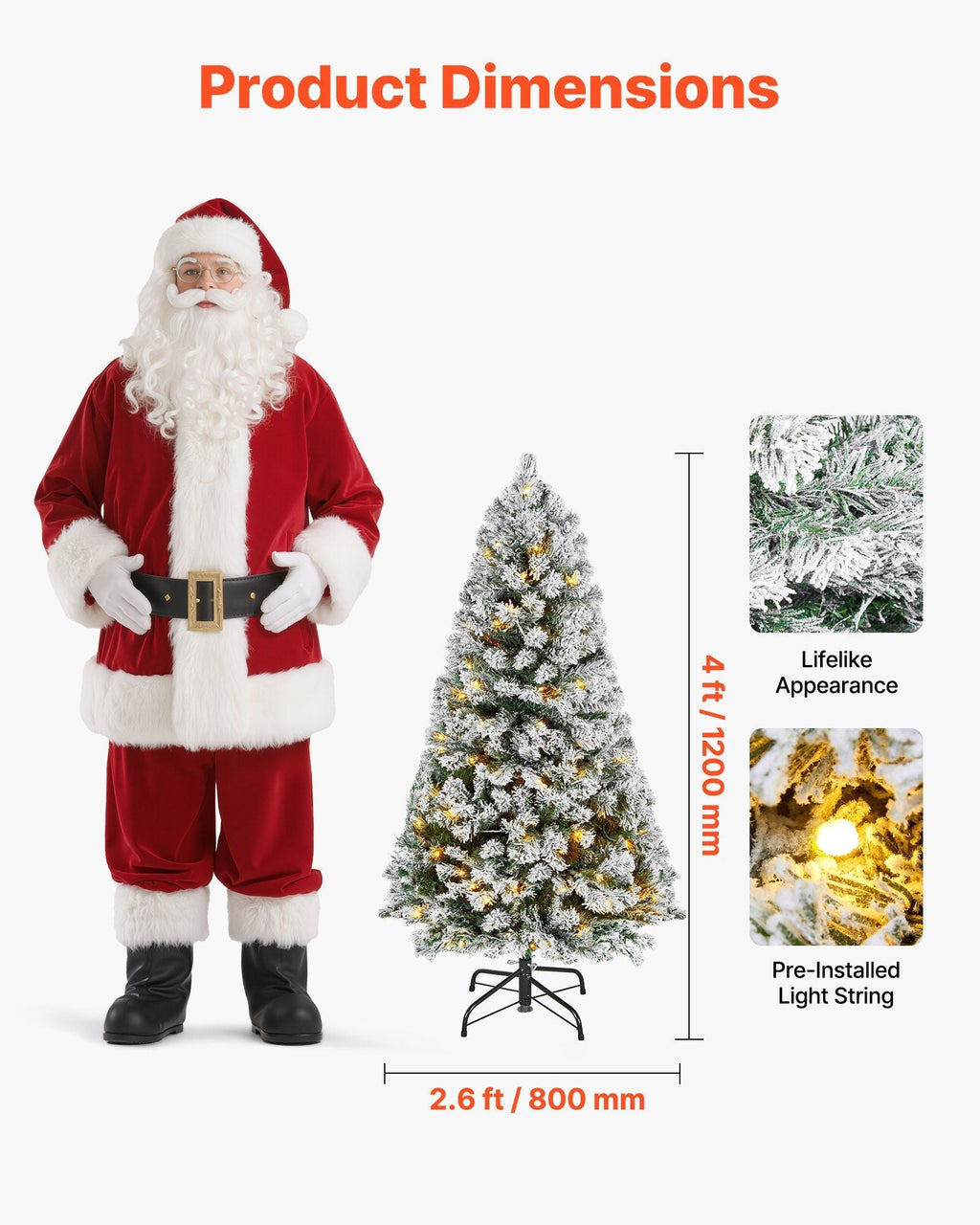 VEVOR Weihnachtsbaum, 1,2 m großer, vorbeleuchteter, beflockter Kunstbaum, voller Weihnachtsbaum mit 120 warmweißen LED-Lichtern, 8 Beleuchtungsmodi und 539 Zweigspitzen für Heim-, Party- und Bürodekoration